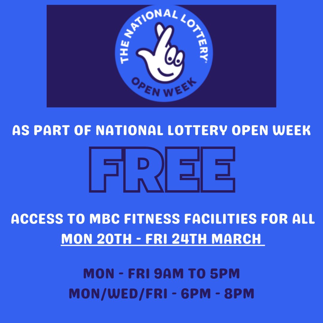 #ThanksToYou #NationalLotteryPlayers  MBC is offering FREE access to fitness facilities for all as part of #NationalLotteryOpenWeek 
Starting Monday 20th to Friday 24th March 🤞🏼