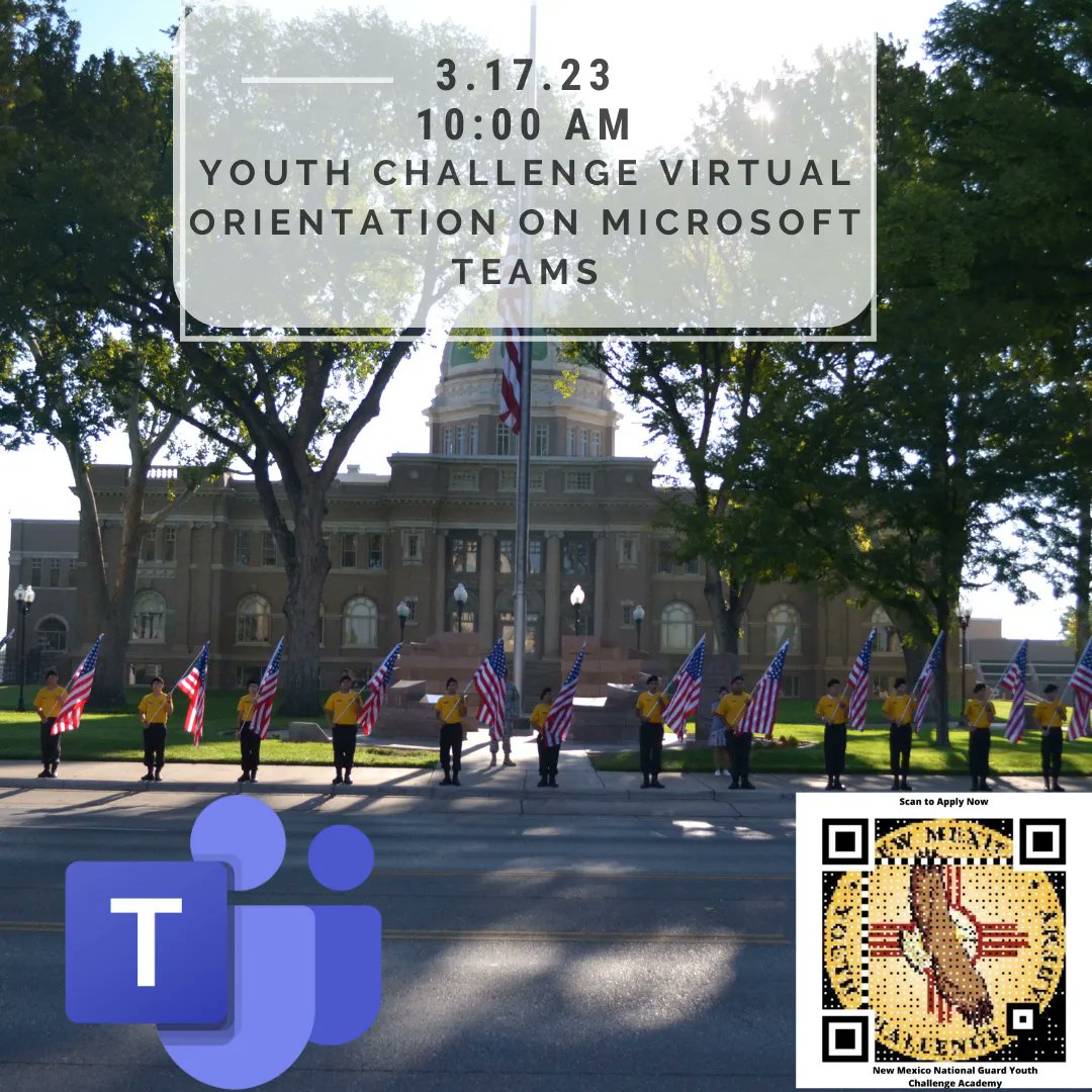 Lets do another Virtual Orientation shall we? Join us tomorrow morning at 10 am for another chance to get to know the New Mexico Youth ChalleNGe Academy. 
March 17 @ 10 am. Virtual Orientation on Microsoft Teams. 

NMYCA Orientations (nmyca.net)