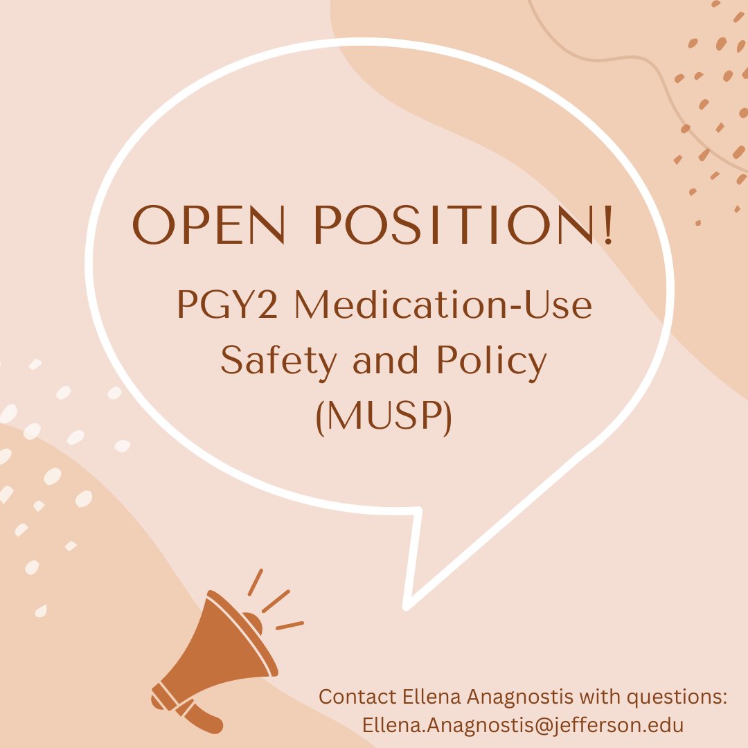 JeffPharmRes's tweet photo. Thomas Jefferson University Hospital will be participating in Phase II of the Match for the PGY2 Medication-Use Safety and Policy (MUSP) pharmacy residency!
 
Please contact Ellena.Anagnostis@jefferson.edu for more information and visit https://t.co/HfHjL0wUZR https://t.co/q4t6O6rsNR