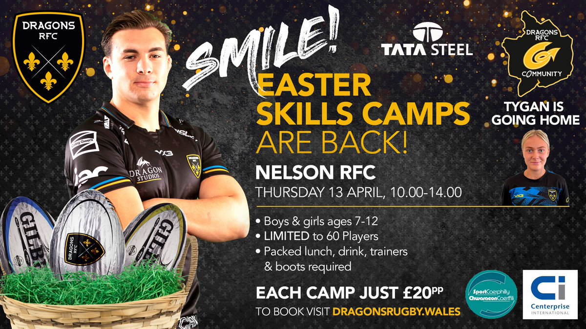 Dragons RFC ๐ (@dragonsrfc) on Twitter photo ๐๐๐๐๐๐๐ ๐พ๐ผ๐๐๐ | ๐จLast few places at Nelson!๐จ
<a href="/DRA_Community/">DRAGONS RFC COMMUNITY ๐</a> Easter camps - in association with <a href="/TataSteelLtd/">Tata Steel</a> <a href="/CenterpriseInt/">Centerprise International</a> & <a href="/sport_leisure/">CCBC Sport Caerphilly</a> - are selling fast!
Last few spots on <a href="/Nelsonrfc/">Nelson RFC ๐ฆ</a> camp!
๐ฝ๐๐๐ โถ๏ธ eticketing.co.uk/dragons/
#WeAreGwentRugby #BackToRoots ๐๐๐๐๐๐๐ ๐พ๐ผ๐๐๐ | ๐จLast few places at Nelson!๐จ
<a href="/DRA_Community/">DRAGONS RFC COMMUNITY ๐</a> Easter camps - in association with <a href="/TataSteelLtd/">Tata Steel</a> <a href="/CenterpriseInt/">Centerprise International</a> & <a href="/sport_leisure/">CCBC Sport Caerphilly</a> - are selling fast!
Last few spots on <a href="/Nelsonrfc/">Nelson RFC ๐ฆ</a> camp!
๐ฝ๐๐๐ โถ๏ธ eticketing.co.uk/dragons/
#WeAreGwentRugby #BackToRoots