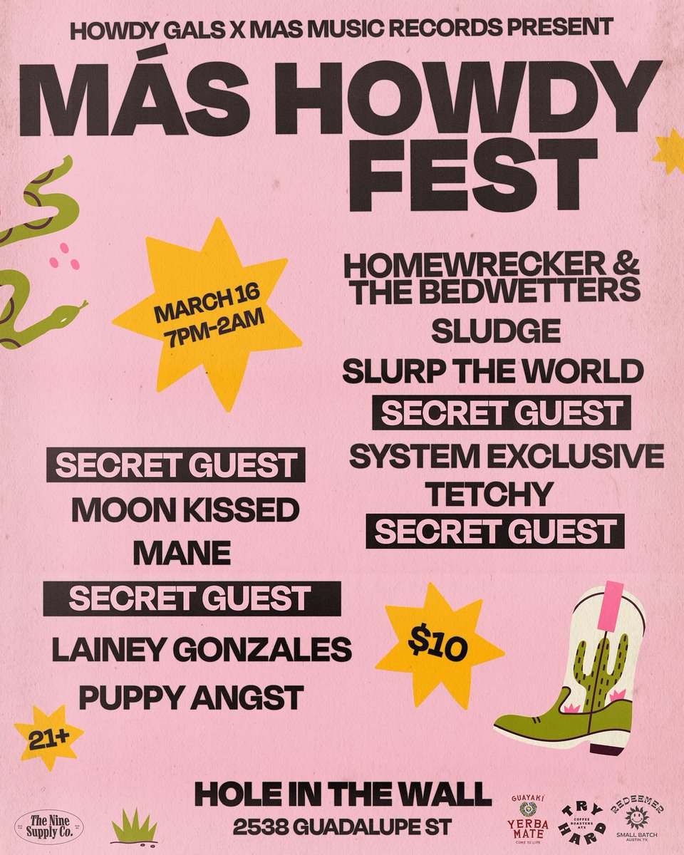 after a packed day off watching so many bands, we’re back at it again tonight 😮‍💨 catch us at @HITWatx for más howdy fest! we’re on at 9pm 🌟small lineup change - @lowislandmusic will be filling in for homewrecker & the bedwetters