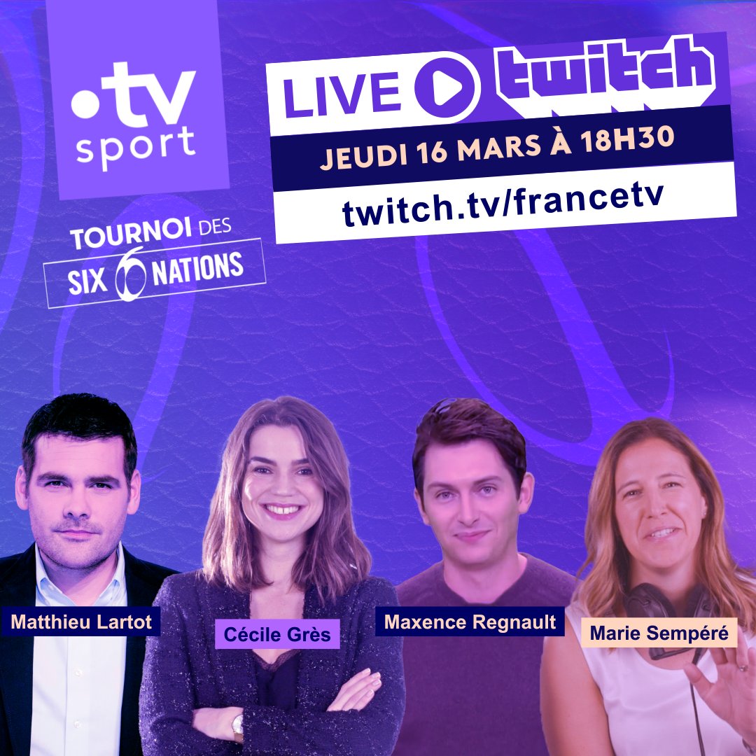 #SixNations : Venez parler rugby avec <a href="/maxenceregnault/">REGNAULT Maxence</a> <a href="/cecilegres/">Cécile Grès</a> <a href="/lartot/">Matthieu Lartot</a> et <a href="/mariesempere/">Marie Sempéré</a> avant le dernier match du XV de France ! 🏉🇫🇷

Rendez-vous sur la chaîne twitch @francetv à partir de 18h30. 👉 bit.ly/Twitch6nations