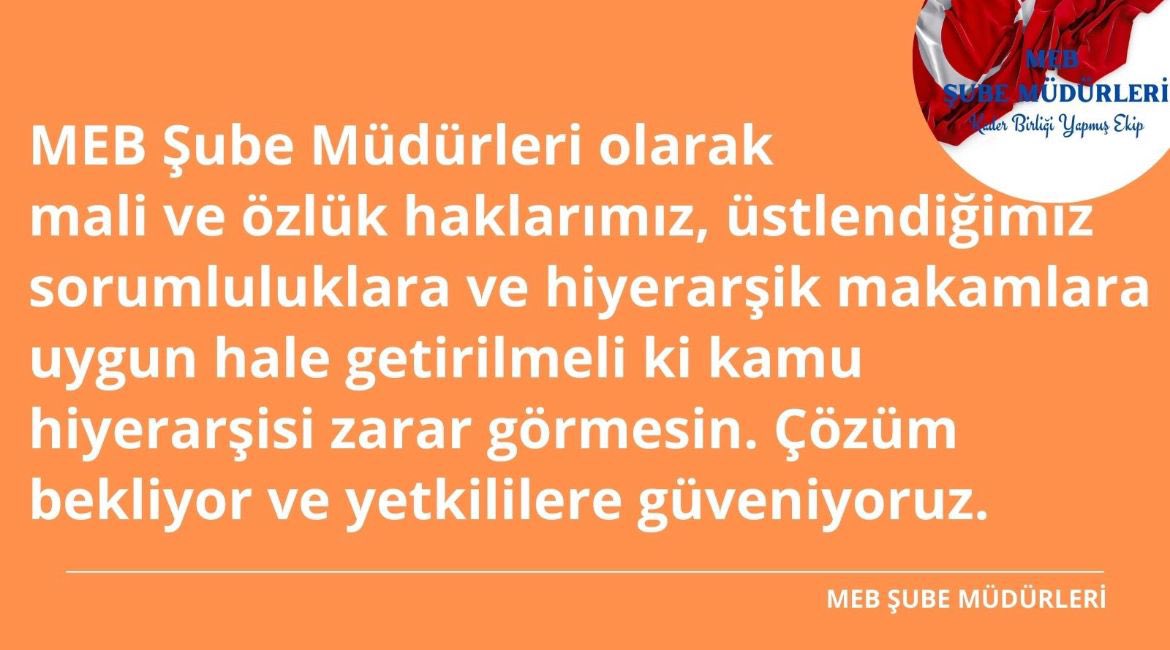 MEB Şube Müdürleri teşkilatın uç beyleridir. Bakanlığımızın, politikalarını alanda en iyi aktaran #MebSubeMüdürleriBekliyor ve #SayinMahmutÖzer ‘in mali hakları hususundaki çözümüne güveniyor.
<a href="/RTErdogan/">Recep Tayyip Erdoğan</a> | <a href="/prof_mahmutozer/">Mahmut Özer</a>