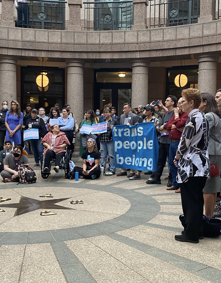TrevorProject's tweet photo. We joined advocates and allies at @EqualityTexas this morning to stand up for trans youth. 

Trans and nonbinary young people deserve access to best-practice medical care. We will never stop fighting for the safer, more affirming world that you deserve. https://t.co/917ztLn2mC