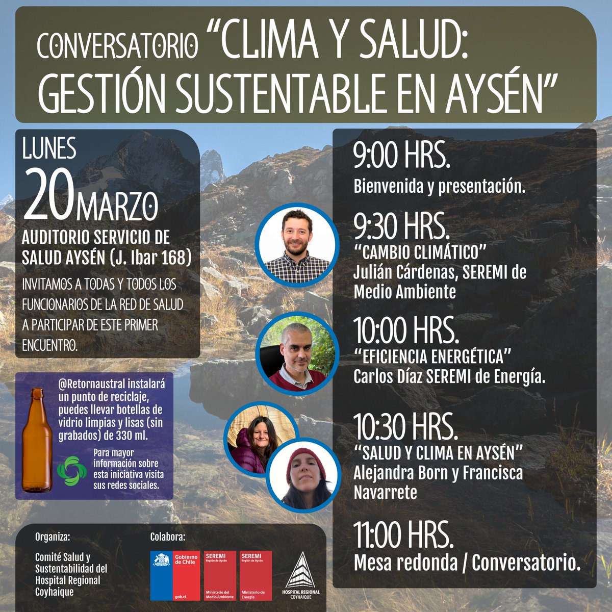 Seguimos conmemorando el #MesDelClima
nos sumamos al <a href="/HospitalCoyhaiq/">Hospital Regional Coyhaique</a>  para participar en este conversatorio junto a <a href="/EnergiaAysen/">Energía Aysén</a> y hablar de cambio climático, contaminación, eficiencia energética y salud 
✅Lunes 20 de marzo/ Auditorio <a href="/SaludAysen/">SaludAysen</a>/ 
9.00 A 12.00 Hrs.
No faltes!