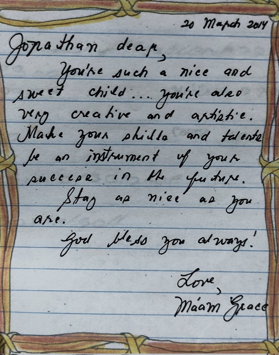 Yhexcel's tweet photo. Nag aayos aq gamit tas nakita q yng 9 yrs ago na letter na bigay pa sakin ng teacher ko nung grade 5 aq (⁠｡⁠•́⁠︿⁠•̀⁠｡⁠).. namiss q tuloy bigla si Maam Grace

Saya tlga makabasa ng mga old letters, bigla mo maaalala may nagsabi pla nito sau :)) https://t.co/9frerWDx5k