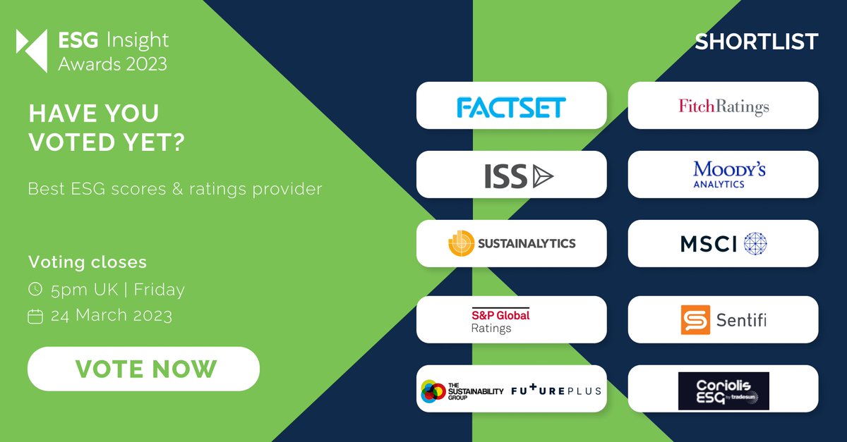 EsgInsight's tweet photo. Which of these companies is the Best ESG scores &amp; ratings provider? 

Vote here in the 2023 ESG Insight Awards: https://t.co/zHZKHTHqGW

#ESGIawards #ESG @FactSet @FitchRatings @issesg @MoodysAnalytics @Sustainalytics @MSCI_Inc @SPGlobalRatings @sentifi @Future_Plus_ @CoriolisESG https://t.co/a7aamMwDcn