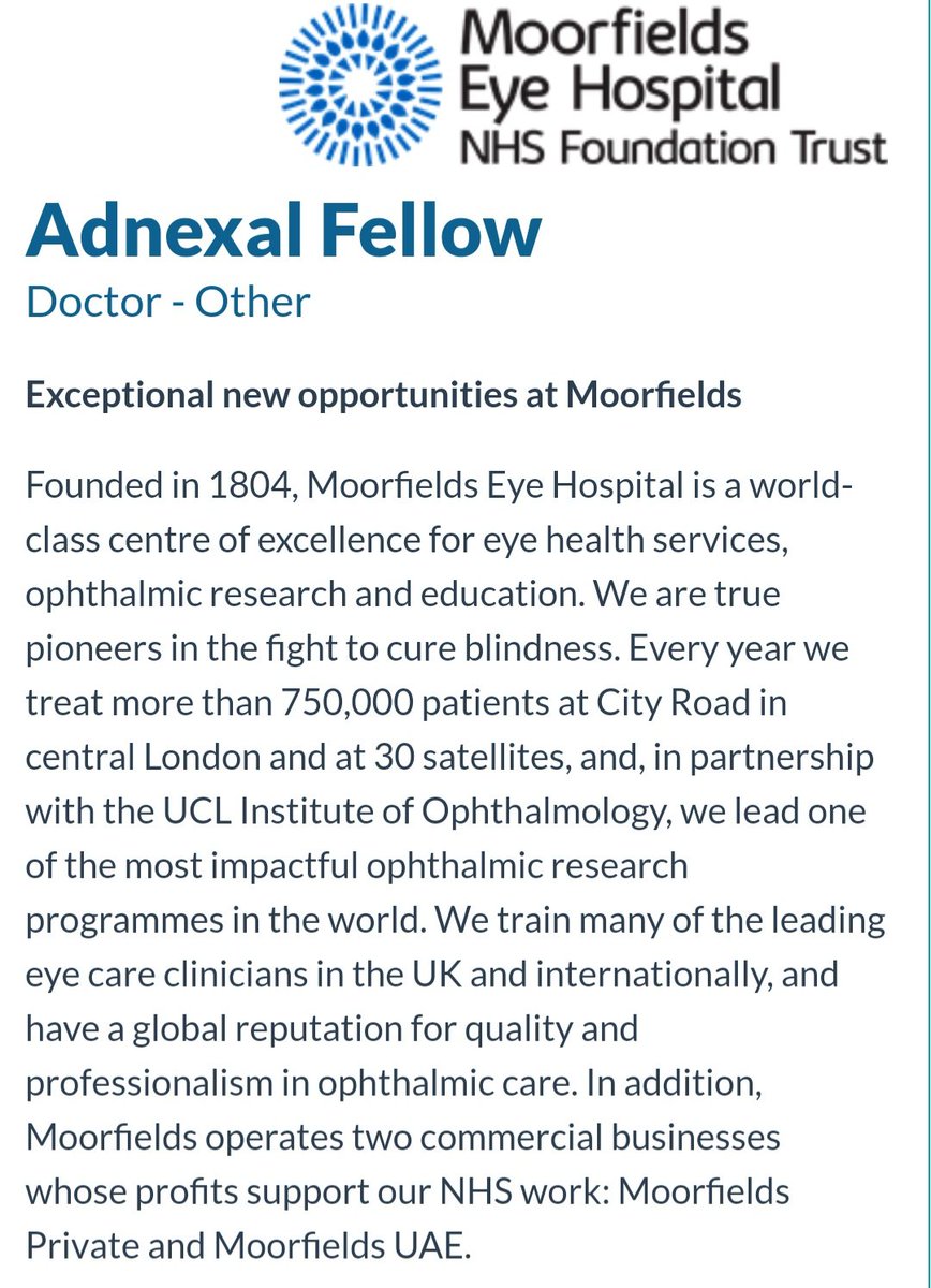 We are looking for fellows to join Moorfields Adnexal department (2 fellowship posts starting in Feb 2024 and 3 posts starting in Aug 2024). Please apply using the link below. Closing date 27/03/2023 09:00.

healthjobsuk.com/job/v5035194?r…
