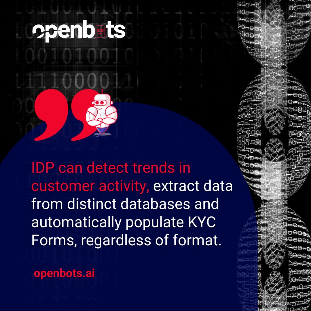OpenBotsAI's tweet image. Did you know that IDP can detect trends in customer activity, extract data from distinct databases and automatically populate KYC Forms, regardless of format?

What do you think? ⤵️

#openbots #automatedworkflow