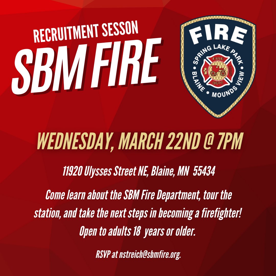 Are you our next RECRUIT? 👨‍🚒Join us March 22nd at 7PM to find out! Come learn about our department, tour the station, and takes the next steps in becoming a firefighter!🔥#SBMFire #Firefighter #NowRecruiting