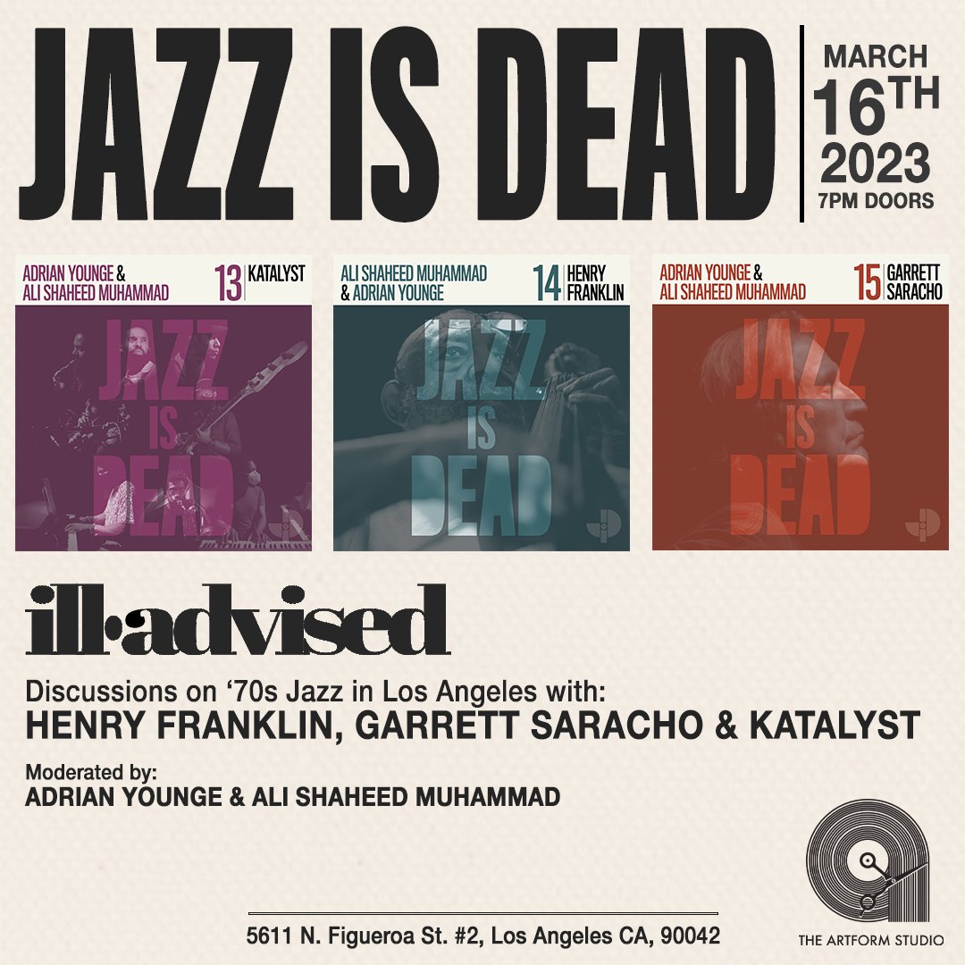 jazzisdeadco's tweet photo. It's all going down tonight at The Artform Studio! We are excited to be hosting Henry “The Skipper” Franklin, Garrett Saracho and Katalyst for an in store discussion about ‘70s jazz in Los Angeles! #jazzisdead #illadvised https://t.co/9uU5ucUzN7