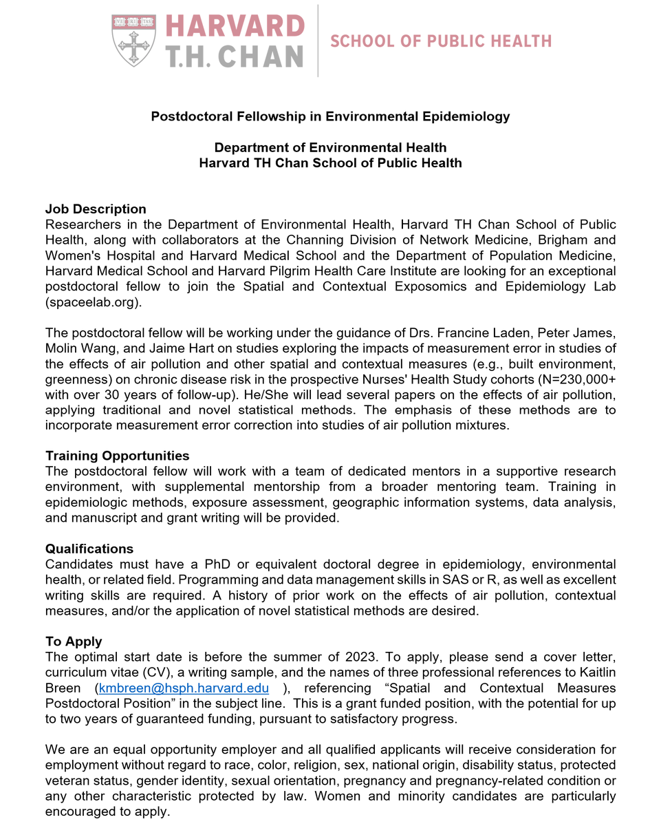 Available #postdoc fellowship in Environmental Epidemiology <a href="/HarvardChanSPH/">Harvard T.H. Chan School of Public Health</a> under the guidance of Drs. Francine Laden, Peter James, Molin Wang, and <a href="/Jaime_E_Hart/">Jaime Hart</a>. More details 👉 viethconsulting.com/classifieds/mo….
<a href="/ISEE_global/">ISEE Env Epi</a> @IseeSnrn #epitwitter #airpollution #diseaserisk