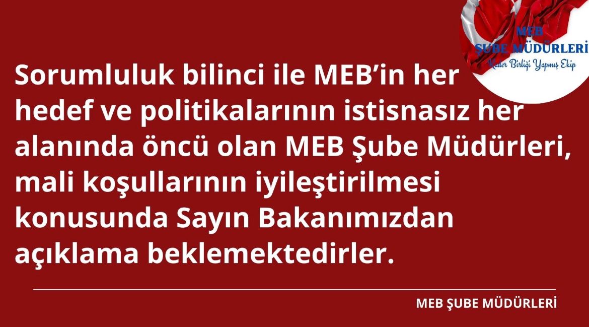 #MebSubeMüdürleriBekliyor
#SayinMahmutÖzer
MEB  hiyerarşisinde, sevk ve idarelerinden sorumlu oldukları meslek gurubundan daha az gelir elde etmeleri, Şube Müdürleri‘nin görevlerini yüksek motivasyon ile yerine getirmelerine engel olmaktadır.
<a href="/RTErdogan/">Recep Tayyip Erdoğan</a> | <a href="/prof_mahmutozer/">Mahmut Özer</a>