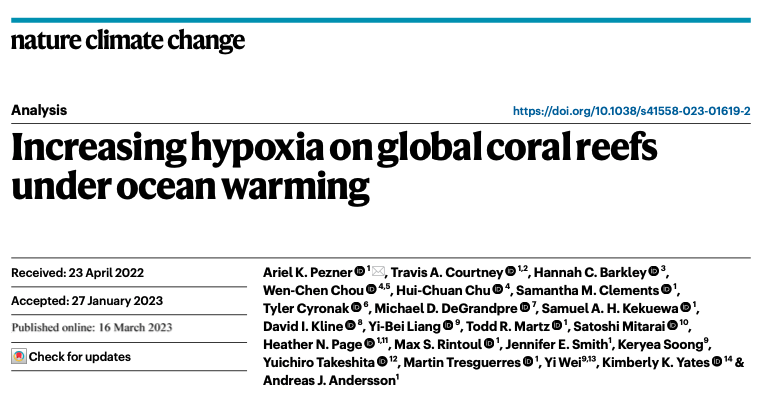 📢Excited to share our new paper out today in @NatureClimate! We used a global dataset of #coralreef dissolved #oxygen to explore #hypoxia on today's reefs and how low oxygen event duration, intensity, and severity may change under warming. 🔗nature.com/articles/s4155… 🧵(1/14)