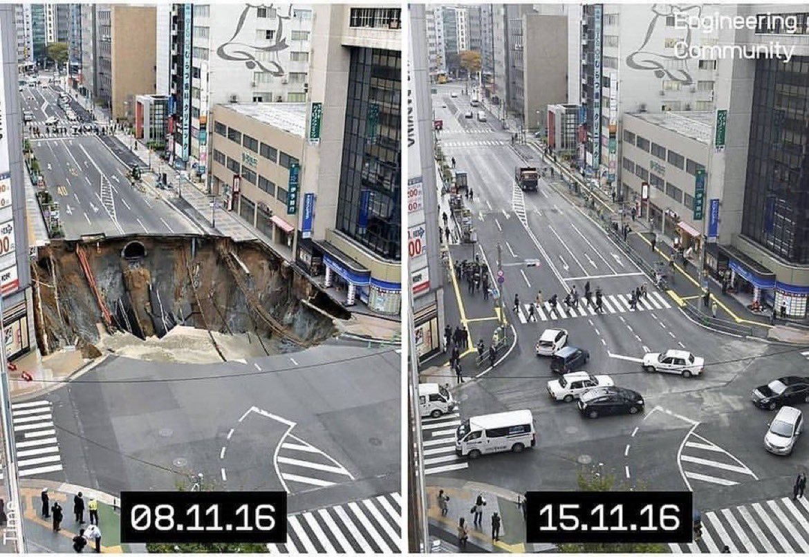 SaycheeseDGTL's tweet image. Japan fixed this road in one week. How long would your city take?