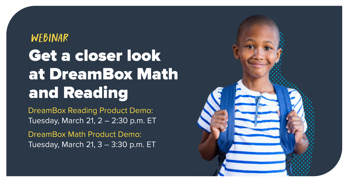 DreamBox_Learn's tweet photo. 📣 Upcoming #webinar alert! Join our expert team on March 21 for an inside look at the DreamBox experience for students, educators, and administrators. Register here: https://t.co/Jw36Mqwomp  

#EdChat #ProductDemo #DreamBoxLearning https://t.co/fD0gAqrio3
