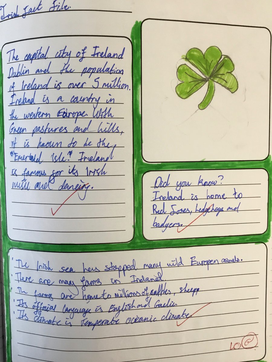SacredHeartB20's tweet photo. In celebration of Irish week, year 5 have been writing some fabulous fact files all about Ireland! 
#SH20Geography
#IrishWeek https://t.co/1oGnkawEa0