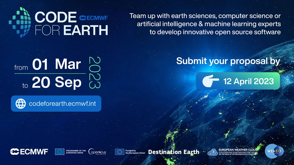 CopernicusECMWF's tweet image. ๐ข Are you interested in driving innovation and open-source developments in the Earth sciences community?
#C3S & #CopernicusAtmosphere Monitoring Service and their data will once again be part of #CodeForEarth ๐, organised by @ECMWFCode4Earth. 
Register now! โ