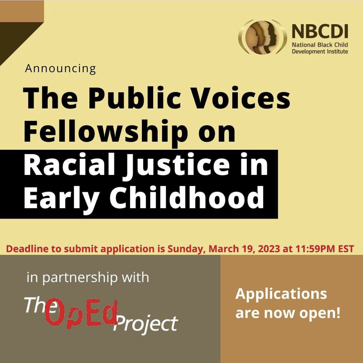 Our Public Voices Fellowship on Racial Justice in Early Childhood is seeking educators, advocates, writers and anyone who is committed to telling stories of racial justice in early childhood. 
The Deadline to apply is THIS Sunday, 
don’t wait!

#JusticeForAll #EarlyChildhood