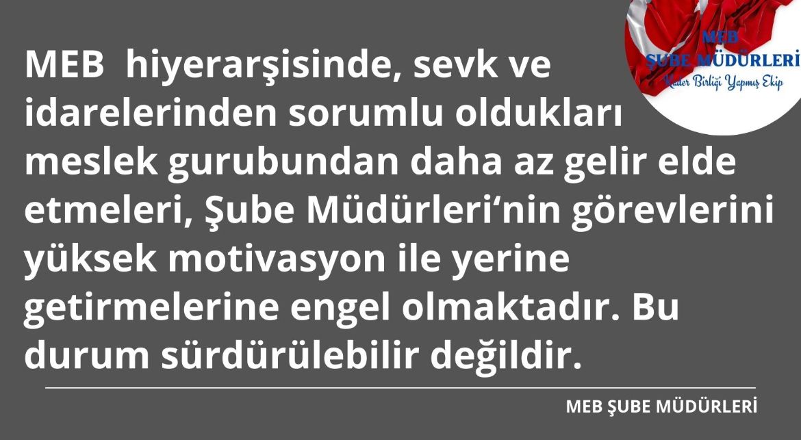 #SayinMahmutÖzer
#MebSubeMüdürleriBekliyor
MEB Şube Müdürlerinin çalışma koşulları taşıdıkları sorumluluk ve tabi oldukları rotasyon yüzünden zaten zor, bari ücrette adalet olsun. Bu ters durum söz verildiği gibi biran evvel düzeltilsin.
<a href="/RTErdogan/">Recep Tayyip Erdoğan</a> | <a href="/prof_mahmutozer/">Mahmut Özer</a>
️