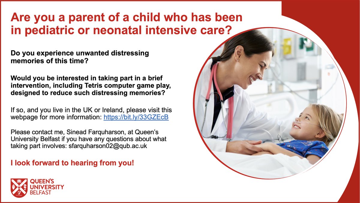Are you a parent of a child who has been in intensive care (PICU/NICU)?
Do you experience intrusive memories (flashbacks) of this?
If you'd be interested in taking part in a brief intervention designed to reduce these please contact me or click here: bit.ly/33GZEcB
