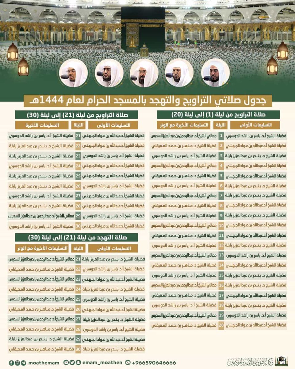 HaramainInfo's tweet photo. TARAWEEH SCHEDULE FOR MASJID AL HARAM &amp; MASJID AN NABAWI ﷺ 1444/2023

*Subject to change https://t.co/gb7pynlvM1