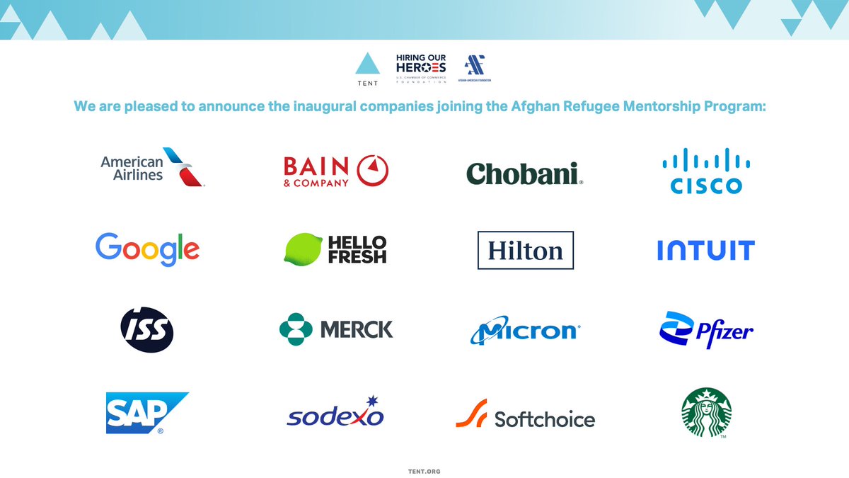 Proud to announce the first 16 U.S. companies joining the <a href="/TentOrg/">Tent Partnership for Refugees</a>, <a href="/hiringourheroes/">Hiring Our Heroes</a>, <a href="/Afghan_American/">The Afghan-American Foundation</a> Afghan Refugee Mentorship Program! 👏 

Collectively, U.S. veterans employed by these companies will provide 1:1 professional mentorship to at least 800 Afghans 🇺🇸 🇦🇫 (1/2)