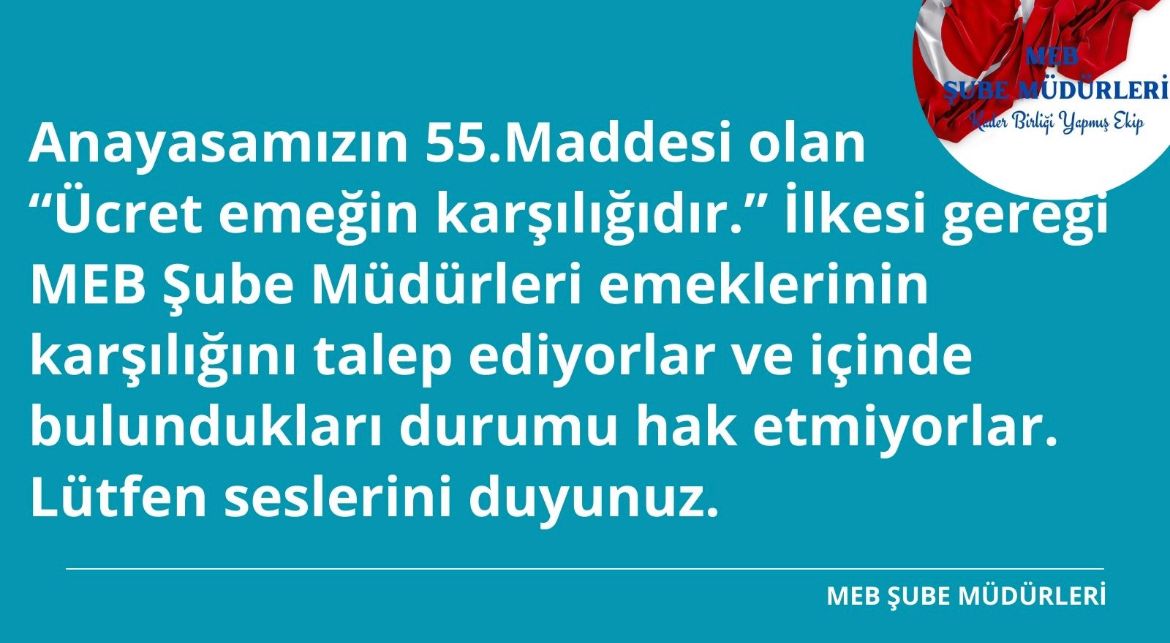 Mali ve özlük haklarının, üstlendikleri sorumluluklara ve hiyerarşik makamlara uygun hale getirilmesini #MebSubeMüdürleriBekliyor ve Bakanımız  #SayinMahmutÖzer ‘e güveniyorlar.
<a href="/RTErdogan/">Recep Tayyip Erdoğan</a> | <a href="/prof_mahmutozer/">Mahmut Özer</a>