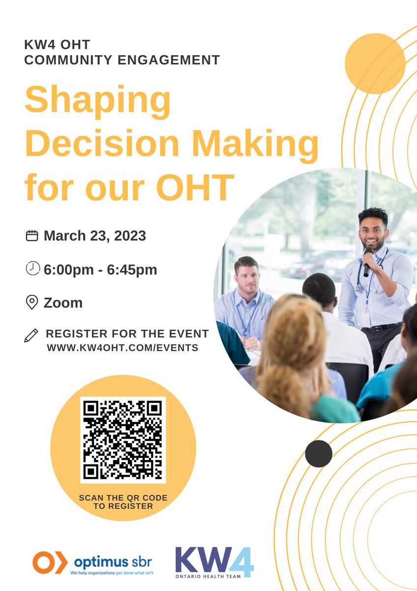 KW4 OHT with support from Optimus SBR, are holding a virtual engagement event on March 23rd from 6:00 - 6:45pm, reviewing current governance and decision-making with Members, Boards and the community to discuss governance and operational models.

Register: kw4oht.com/events