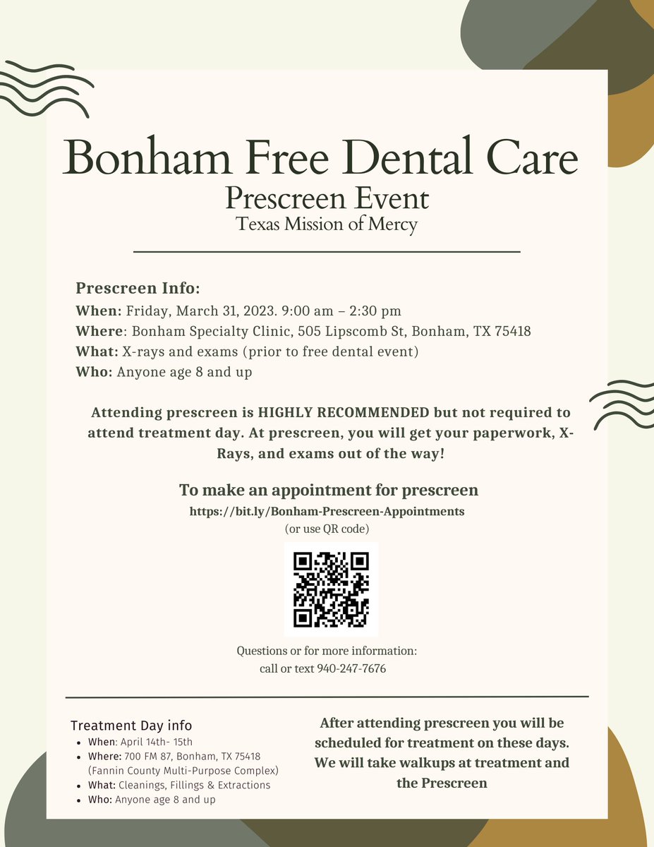 mccrawoil's tweet photo. Texas Mission of Mercy in Bonham is hosting a free dental care event. Join us for a pre-screen on March 31 and other services including fillings and cleanings April 14-15. Would be happy to see you there! https://t.co/8NsTxQVXht