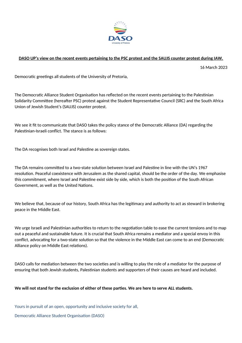 The DA remains committed to a two-state solution between Israel and Palestine in line with the UN’s 1967 resolution, as well as South African National Government Policy.