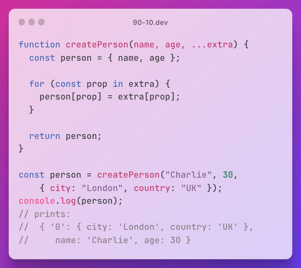 90_10_dev's tweet photo. The rest operator can be utilized to dynamically assign properties to an object:
https://t.co/i3vTz2hMen

#dev #javascript #guide #tutorial #webdev #CodeNewbie #variadic #function #restoperator #dynamic #assign https://t.co/xXbetQMdXE