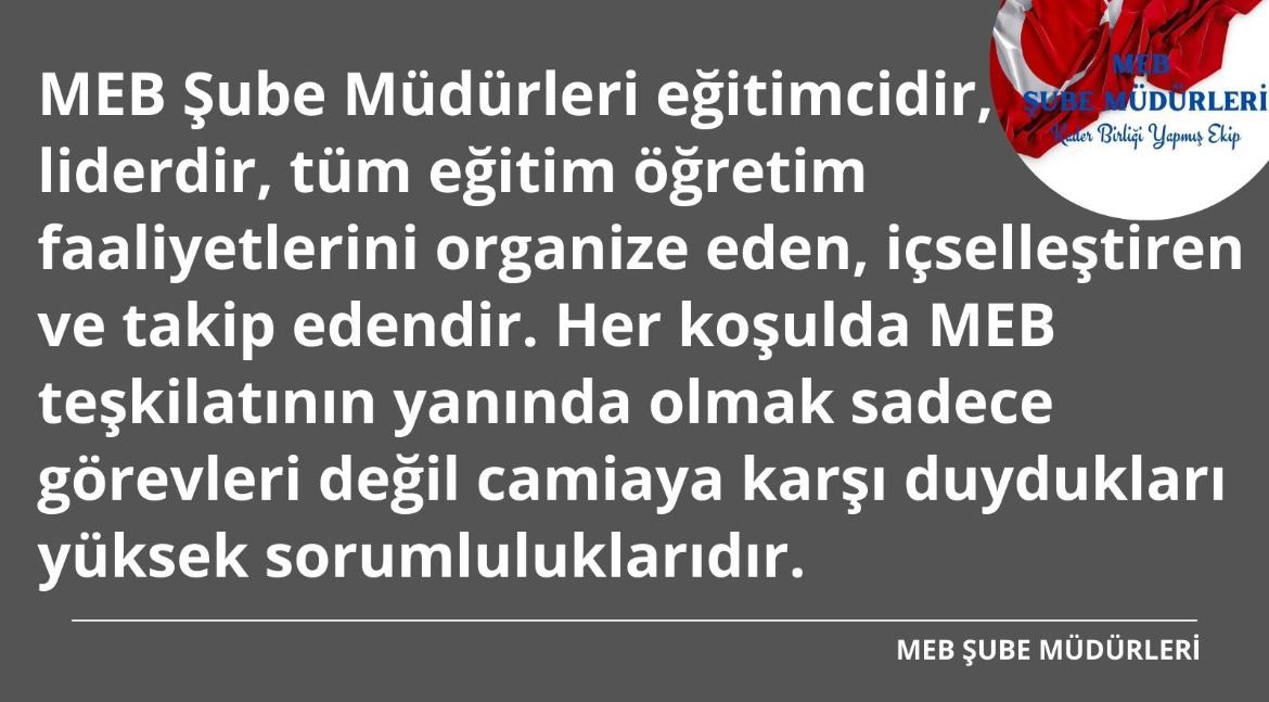 #SayinMahmutÖzer
#MebSubeMüdürleriBekliyor
Bakanlığımızın hedef ve politikalarında istisnasız en etkili saha elemanlarından biri olan MEB Şube Müdürleri afet döneminde de gene en ön safta idiler. Özveride varlar ve hep olacaklar.
<a href="/RTErdogan/">Recep Tayyip Erdoğan</a> | <a href="/prof_mahmutozer/">Mahmut Özer</a>