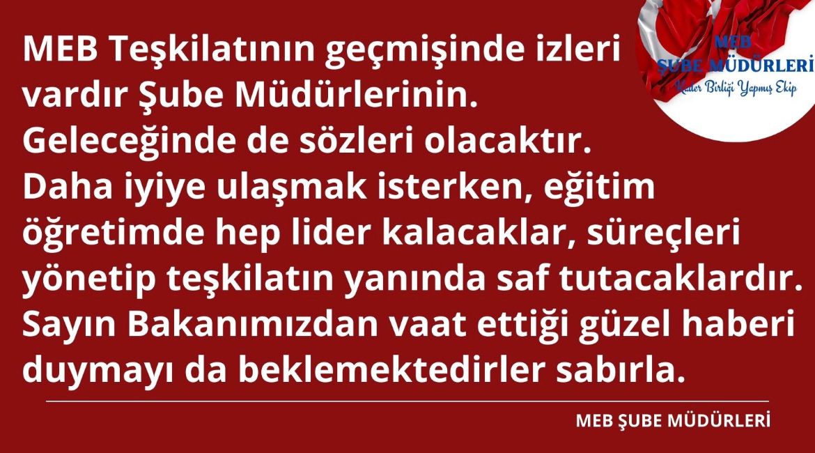 #SayinMahmutÖzer
#MebSubeMüdürleriBekliyor
MEB Şube Müdürleri eğitimcidir, liderdir, tüm eğitim öğretim faaliyetlerini organize edendir. Her koşulda MEB teşkilatının yanında olmak sadece görevleri değil camiaya karşı duydukları sorumluluklarıdır.
<a href="/RTErdogan/">Recep Tayyip Erdoğan</a> | <a href="/prof_mahmutozer/">Mahmut Özer</a>