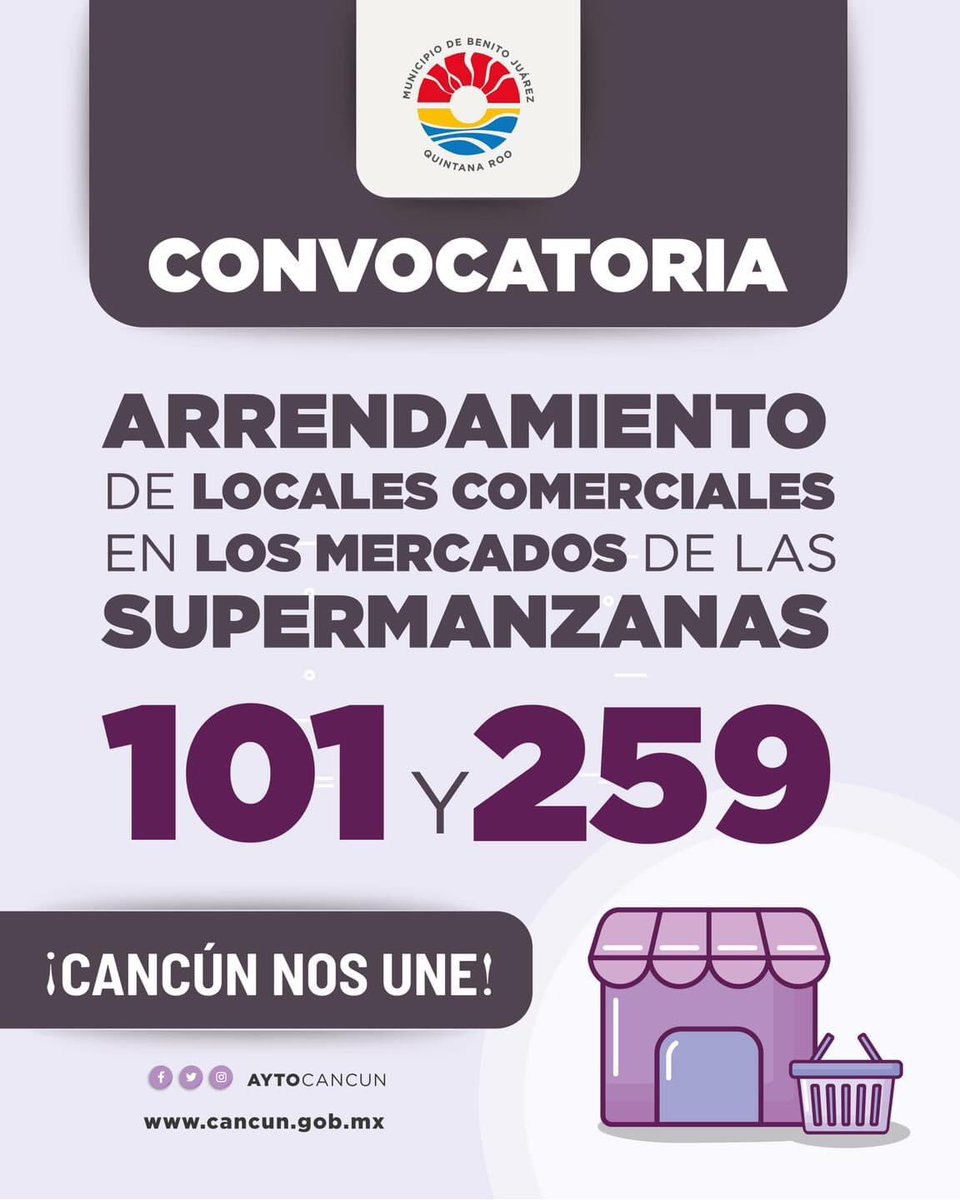 AytoCancun's tweet photo. Aviso Importante⚠️
Te invitamos a participar en la convocatoria de arrendamiento de locales comerciales en los mercados de la 📍#SM101 Y #SM259.
https://t.co/VylsiIOPUZ
@anapatyp
#CancúnNosUne 🤝 https://t.co/SeP1fP86Qv