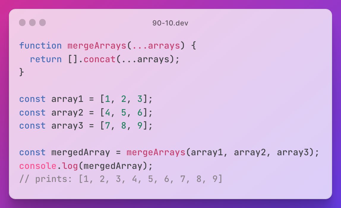 90_10_dev's tweet photo. Using the JS spread syntax to merge multiple arrays into one:
https://t.co/i3vTz2heoP

#dev #javascript #guide #tutorial #webdev #CodeNewbie #variadic #function #restoperator #dynamic #merge https://t.co/8lyTeqYF6V
