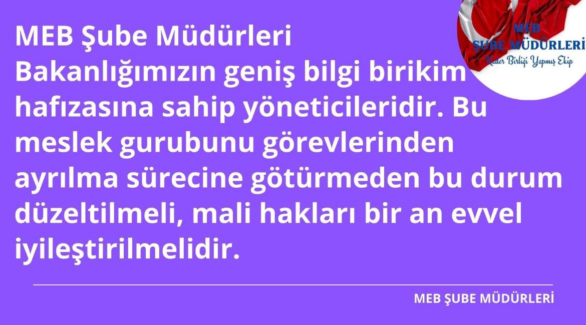 #SayinMahmutÖzer
#MebSubeMüdürleriBekliyor
Kapsamlı ve zorlu bir görevde yükselme sınavı neticesinde atanan MEB Şube Müdürlerinin her geçen gün sorumlulukları artıyorken, mali olarak geride kalmalarının izahı yoktur.
<a href="/RTErdogan/">Recep Tayyip Erdoğan</a> | <a href="/prof_mahmutozer/">Mahmut Özer</a>