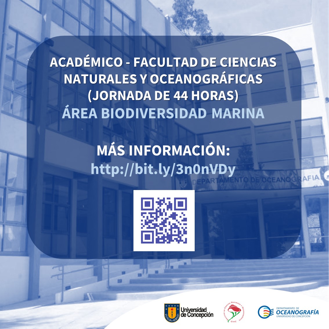 Llamado a Concurso del Departamento de Oceanografía. Se trata de tres cargos para académicos/as, de jornada completa. Ver detalles en: Oferta 1 bit.ly/3JKDM23 Oferta 2 bit.ly/3LtQ1S4 Oferta 3 bit.ly/3n0nVDy Recepción de antecedentes: 30 de abril de 2023