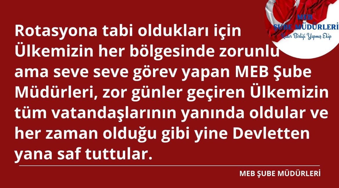 𝔻𝕦𝕣𝕤𝕦𝕟 𝕐ÜℝÜ𝕂ℂÜ🇹🇷 (@dursunyurukcu) on Twitter photo #SayinMahmutÖzer
#MebSubeMüdürleriBekliyor
Sorumluluk bilinci ile MEB’in hedef ve politikalarının istisnasız her alanında öncü olan MEB Şube Müdürleri, mali koşullarının iyileştirilmesi konusunda Sayın Bakanımızdan açıklama beklemektedirler.
<a href="/RTErdogan/">Recep Tayyip Erdoğan</a> | <a href="/prof_mahmutozer/">Mahmut Özer</a> #SayinMahmutÖzer
#MebSubeMüdürleriBekliyor
Sorumluluk bilinci ile MEB’in hedef ve politikalarının istisnasız her alanında öncü olan MEB Şube Müdürleri, mali koşullarının iyileştirilmesi konusunda Sayın Bakanımızdan açıklama beklemektedirler.
<a href="/RTErdogan/">Recep Tayyip Erdoğan</a> | <a href="/prof_mahmutozer/">Mahmut Özer</a>