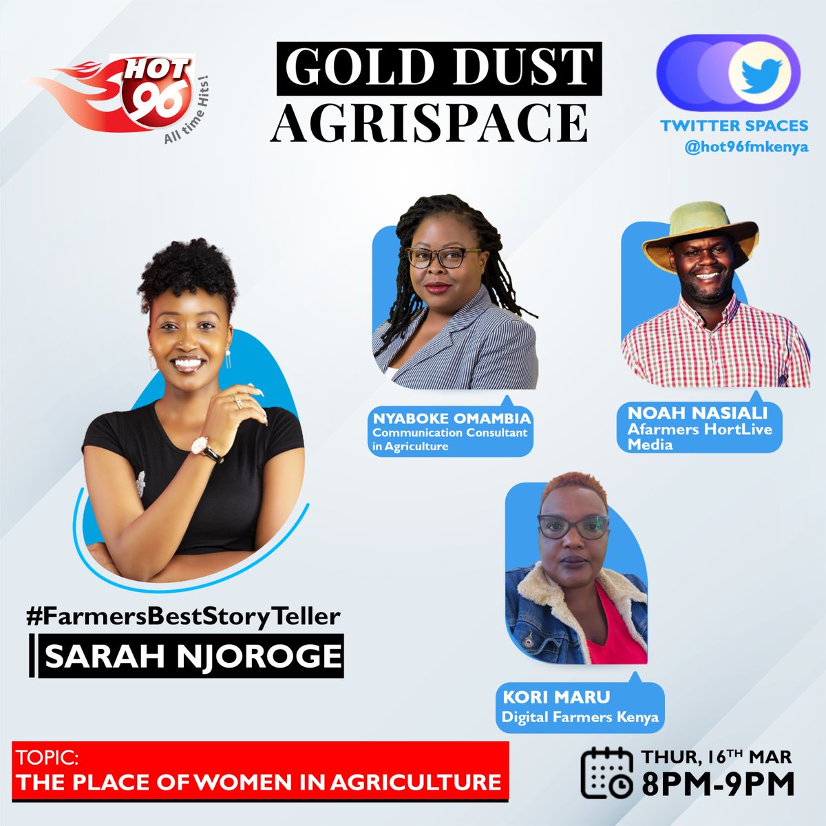 Tonight on @Hot_96Kenya Gold Dust AgriSpace, we get to understand The Place of Women In Agriculture and answer the Question; What is there for Women in Agriculture?

Join in from 8pm to 9pm w/ #FarmersBestStoryTeller @SarahWNjoroge 

#GoldDustAgriSpace