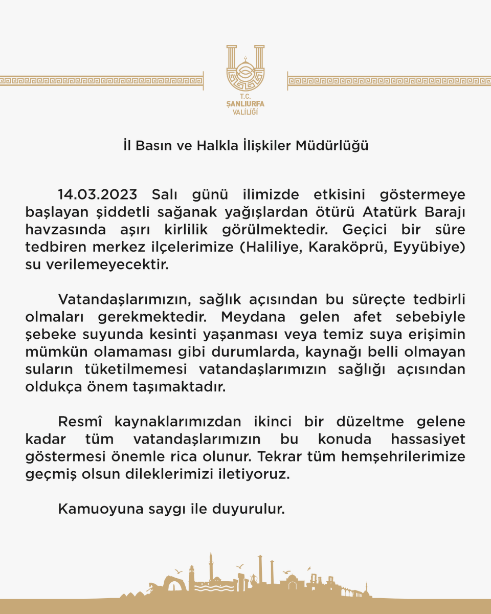UrfaValiligi's tweet photo. 🔴Su kesintisi ile ilgili basın duyurusu https://t.co/IE0JAYw0QI