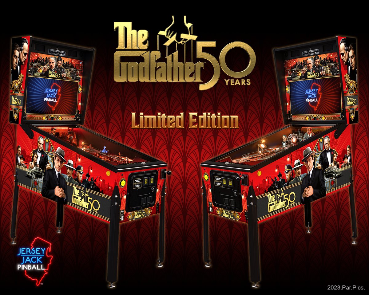 The Godfather 50th Anniversary Limited Edition features cabinet and backglass artwork from award-winning artist, Christopher Franchi.

#jerseyjackpinball