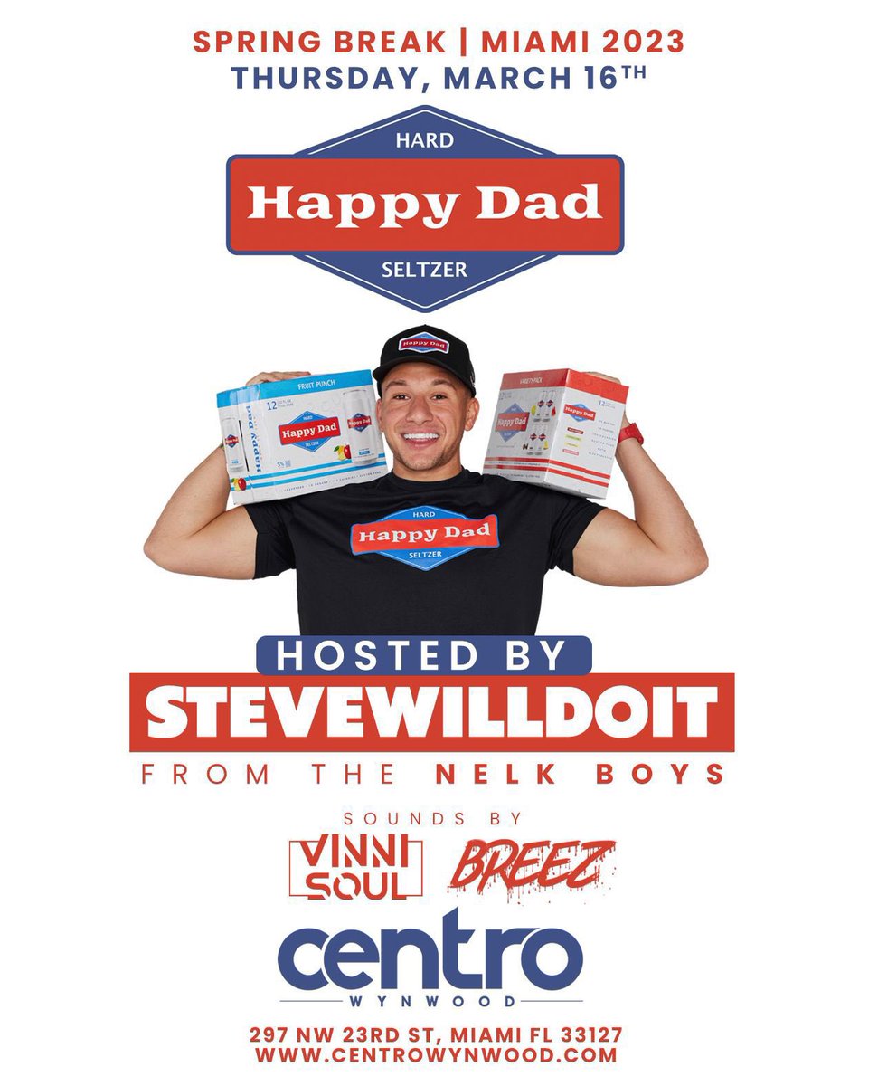 Centro Wynwood (@centrowynwood) on Twitter photo 🚨 TONIGHT 🚨 <a href="/happydad/">Happy Dad - Hard Seltzer & Iced Tea</a> x <a href="/nelkboys/">Nelk Boys</a> takeover #CentroWynwood with <a href="/stevewilldoit/">Steve Will Do It</a> doors open at 8pm ! 🚨 TONIGHT 🚨 <a href="/happydad/">Happy Dad - Hard Seltzer & Iced Tea</a> x <a href="/nelkboys/">Nelk Boys</a> takeover #CentroWynwood with <a href="/stevewilldoit/">Steve Will Do It</a> doors open at 8pm !