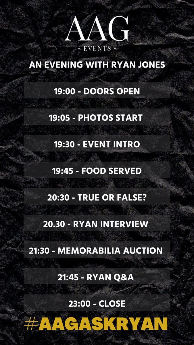 Running order for tonight’s evening with <a href="/RyanJonesOnline/">Ryan Jones</a> we can’t wait to welcome you all back to the <a href="/BrymboSportsSC/">Brymbo Sports SC</a> for some superb food from <a href="/FatBoarWXM/">Fat Boar Wxm</a> and a great evening. use #aagAskRyan to get your questions to us in plenty of time.