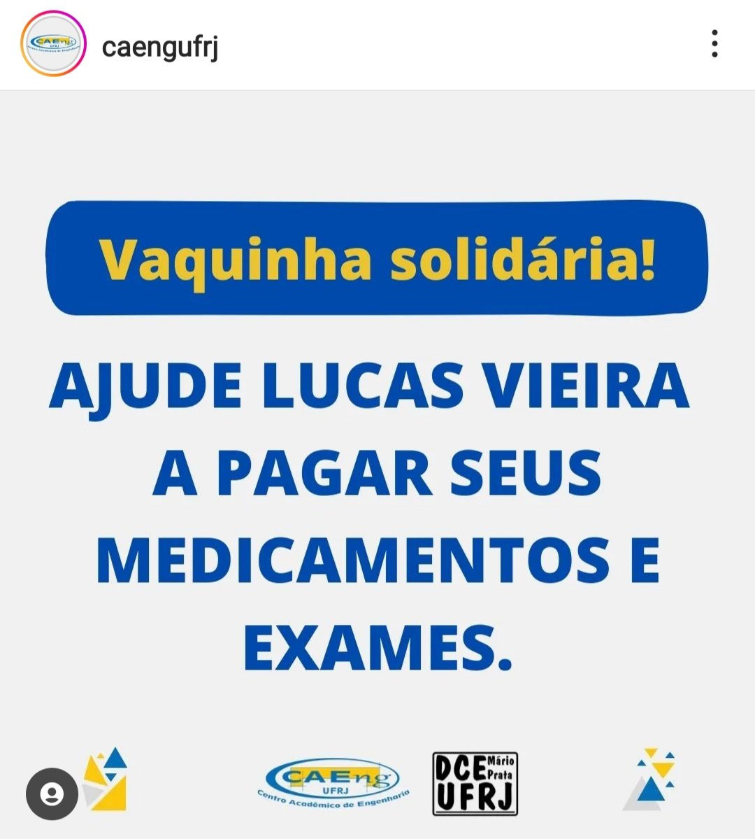 LucasFranco49's tweet photo. Depois da tentativa de homicídio sofrida e do descaso da UFRJ, o centro acadêmico de engenharia realiza uma vaquinha para ajudar a custear algumas coisas básicas ao Lucas. 
Exame, colírio, remédios.
Qualquer valor ajuda muito para a recuperação dele. https://t.co/aFZ6849wNR