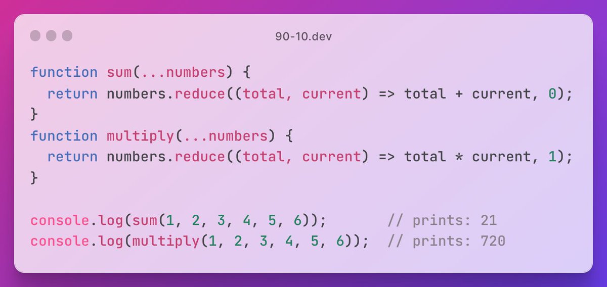 90_10_dev's tweet photo. Using the rest operator in JavaScript is really powerful:
https://t.co/i3vTz2heoP

#dev #javascript #guide #tutorial #webdev #CodeNewbie #variadic #function #restoperator https://t.co/QLh0PgS6jF