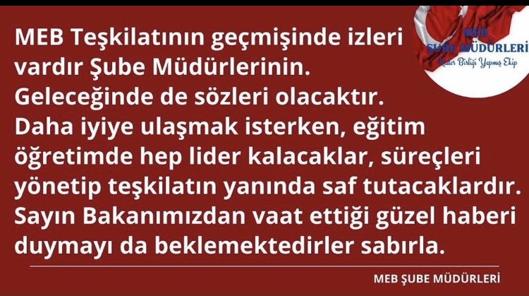 Naci YILMAZ (@naciyil03356298) on Twitter photo Üvey evlat muamelesi yapılmasın,moral ve motivasyon açısından da hiyerarşik yapıya uygun bir şekilde mali ve özlük haklarımız konusunda iyileştirme yapılsın artık…#MebSubeMüdürleriBekliyor #SayinMahmutÖzer
<a href="/RTErdogan/">Recep Tayyip Erdoğan</a> | <a href="/prof_mahmutozer/">Mahmut Özer</a> Üvey evlat muamelesi yapılmasın,moral ve motivasyon açısından da hiyerarşik yapıya uygun bir şekilde mali ve özlük haklarımız konusunda iyileştirme yapılsın artık…#MebSubeMüdürleriBekliyor #SayinMahmutÖzer
<a href="/RTErdogan/">Recep Tayyip Erdoğan</a> | <a href="/prof_mahmutozer/">Mahmut Özer</a>