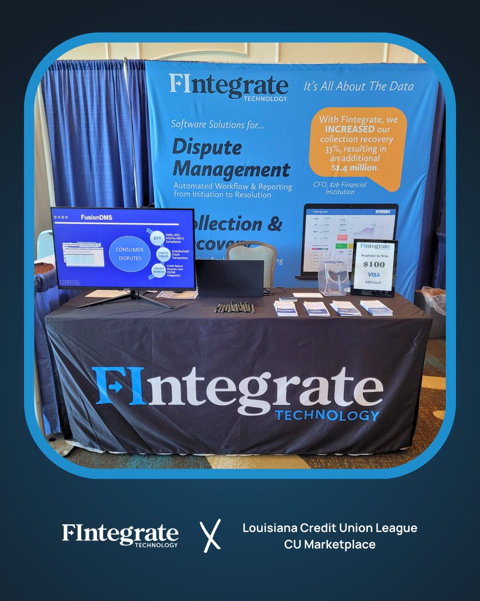 FIntegrate is honored to be a part of the Louisiana Credit Union League CU Marketplace, the state’s premier annual CU meeting! 👋

#tradeshowlife #fintech #fisolutions #fintegratetech #disputemanagement