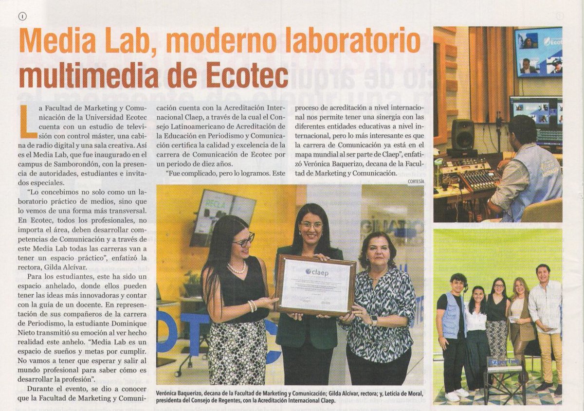 UnivEcotec's tweet photo. Mira la nota de la inauguración de nuestro #MediaLabECOTEC de la Facultad de @mktycom_uecotec 🤩 hoy en diario @eluniversocom.

#ECOTECenmedios #Noticia #Multimedia #Samborondón https://t.co/tW6ZnBtKx4