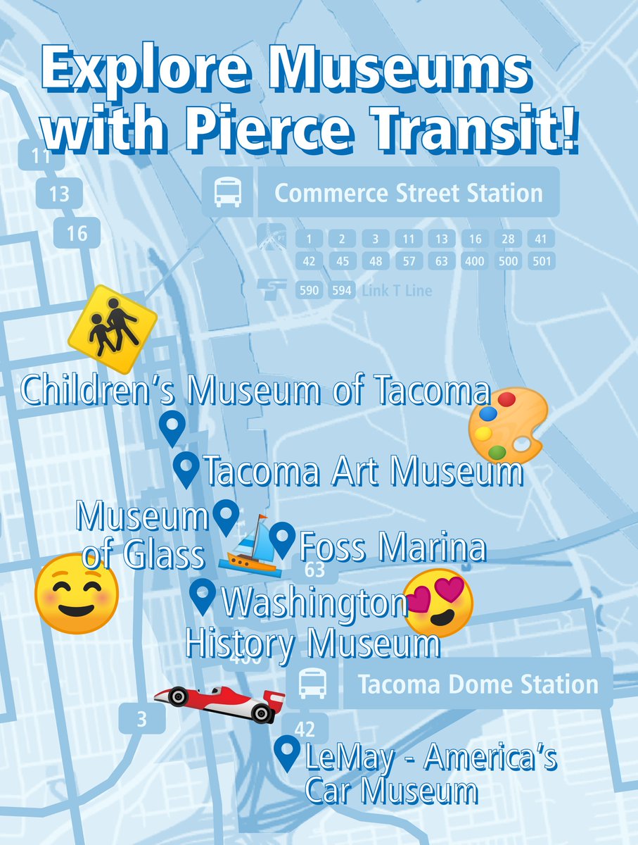 PierceTransit's tweet photo. Here’s your next family night idea – visit one of our local museums!! @TacomaArtMuseum is free every Thursday, while @MuseumofGlass and @HistoryMuseum are free every third Thursday of the month.  RT to save this map of participating locations &amp; the route that will get you there! https://t.co/nYnMEDUVpD